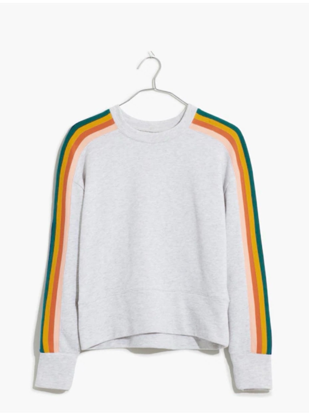 Faherty White Crewneck Sweater with Green, Yellow and Brown Stripe Sleeves